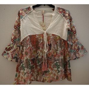 Raga R3477 Women's Sz S Beige Floral Embroidered Tunic Top